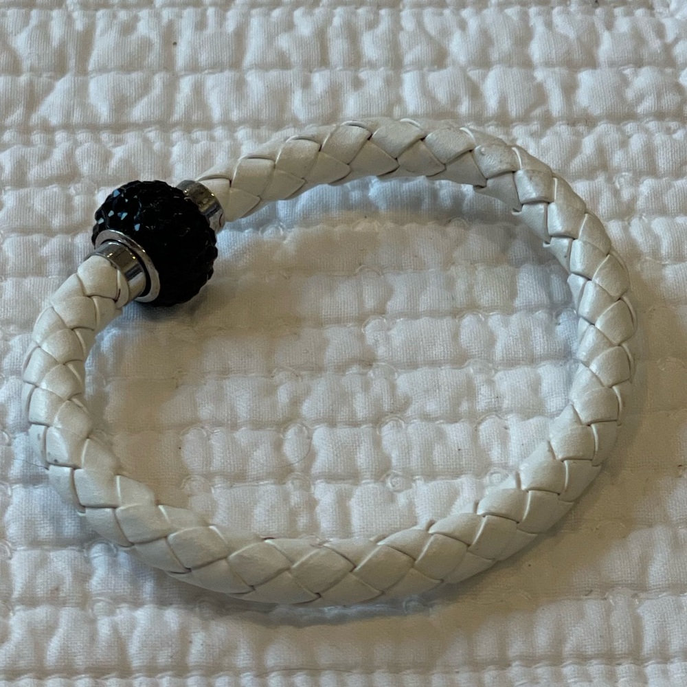 White Braided leather bracelet rhinestone stainless steel magnetic closure